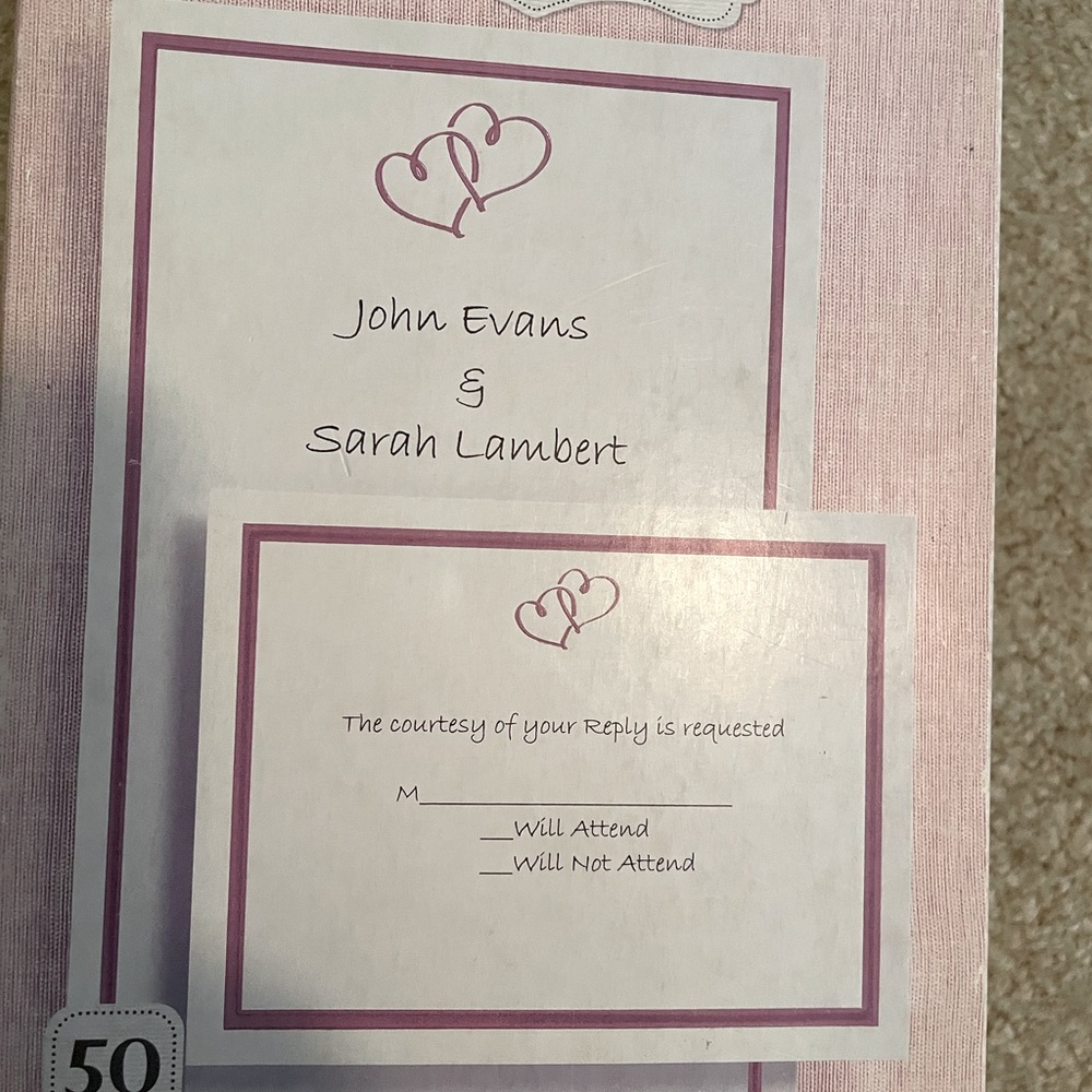 NEW-Invitations & envelopes. 50 count. White/pink